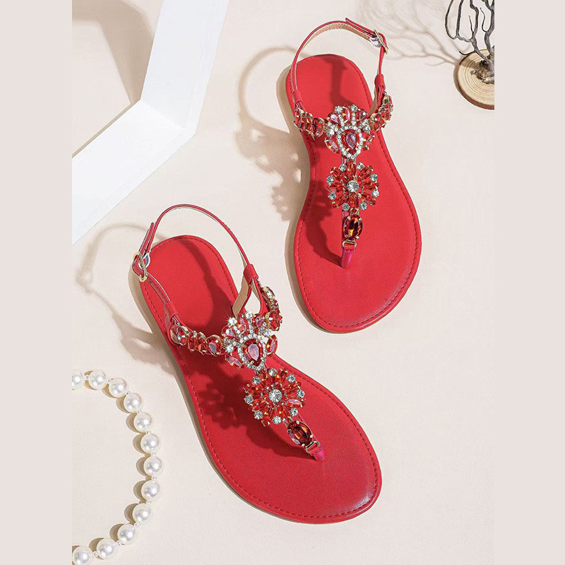 Sandalias Planas con Pedrería de PU y TPR, Decorativo, para Playa y Verano