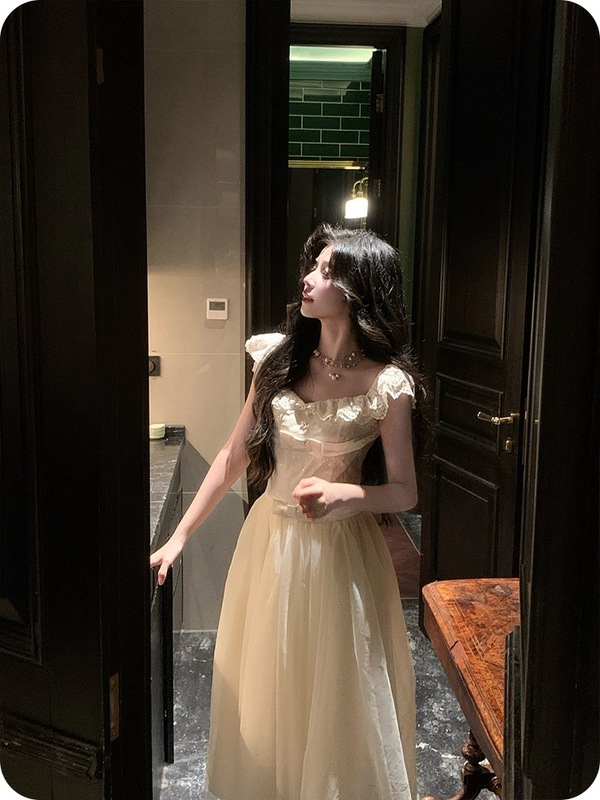 French Ballet Style Mesh Patchwork Dress for Women, Summer Beautiful Princess Dress, Waist-Cinching, Gentle Fairy-Style Long Dress