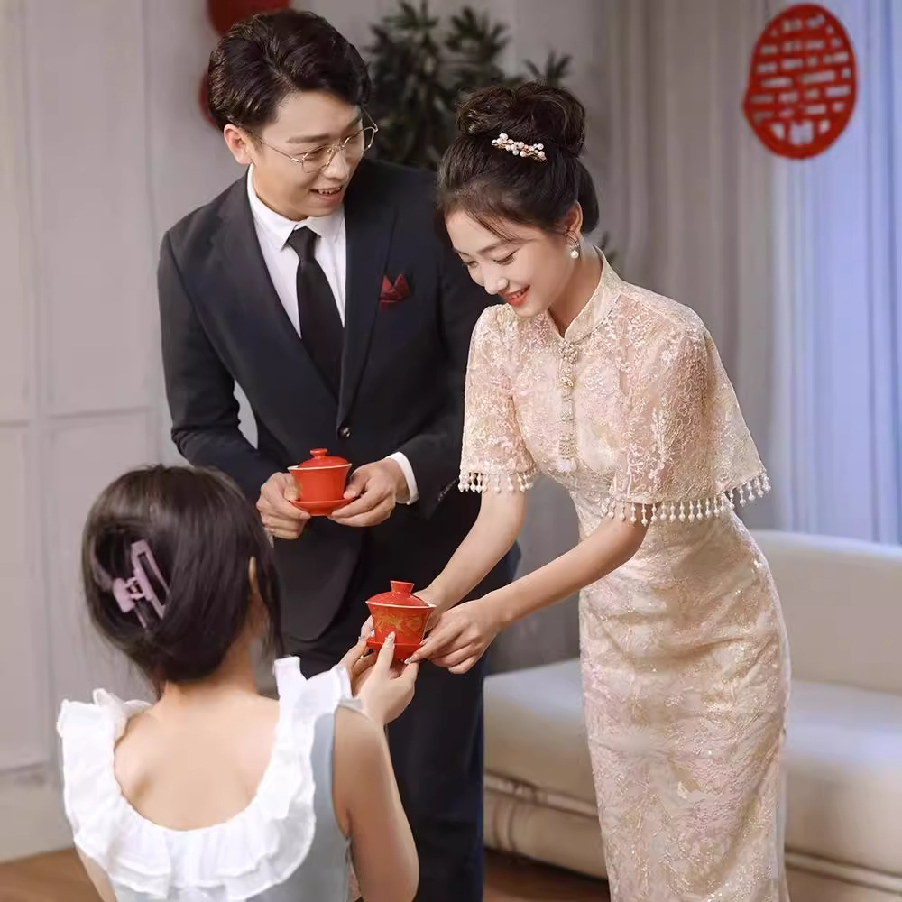 Pink improved cheongsam toast dress high-grade light luxury niche bridal lace engagement dress temperament back-to-door casual dress