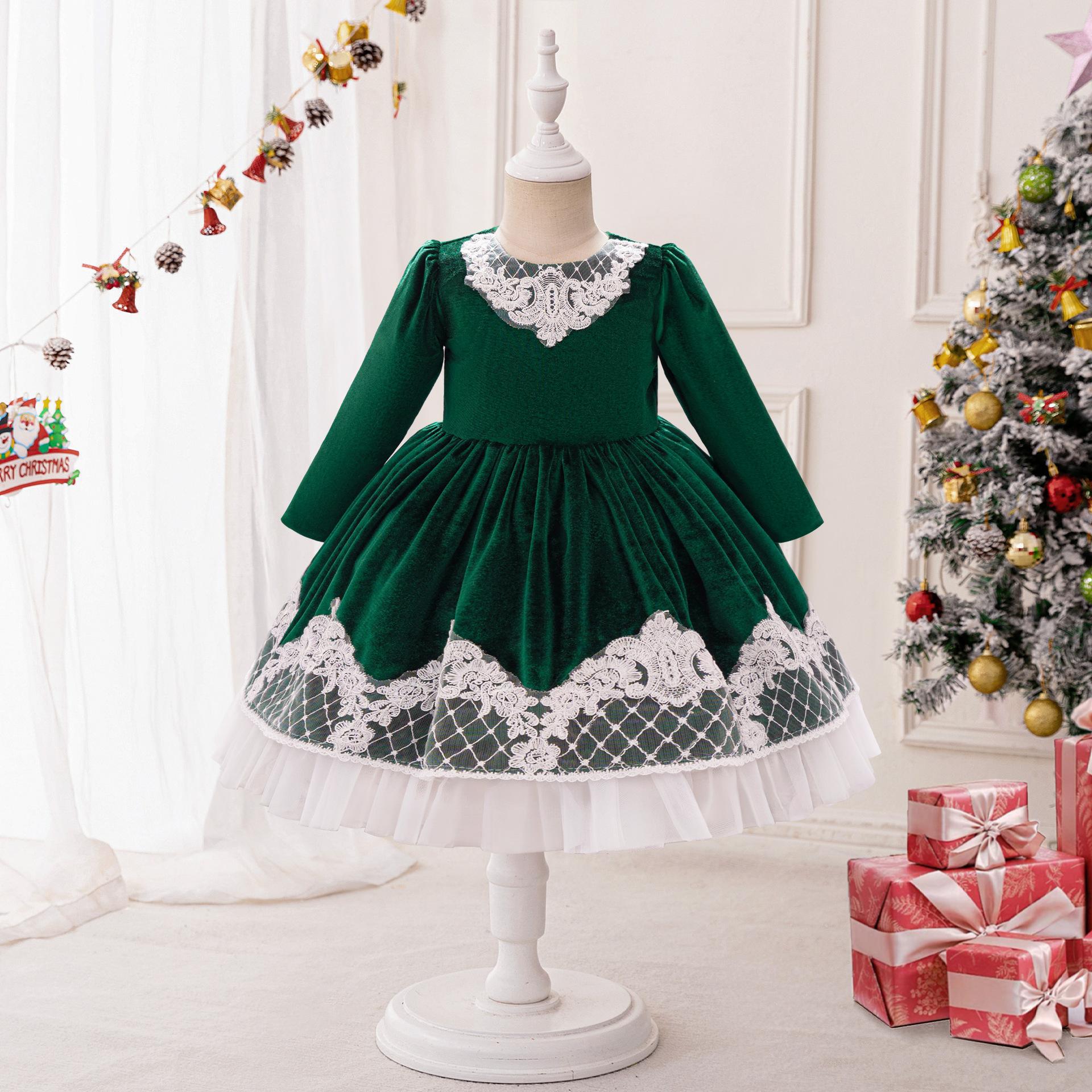 Navidad nuevo vestido de niña vestido de mangas largas vestido de princesa de encaje cascada vestido de regalo vestido de Navidad