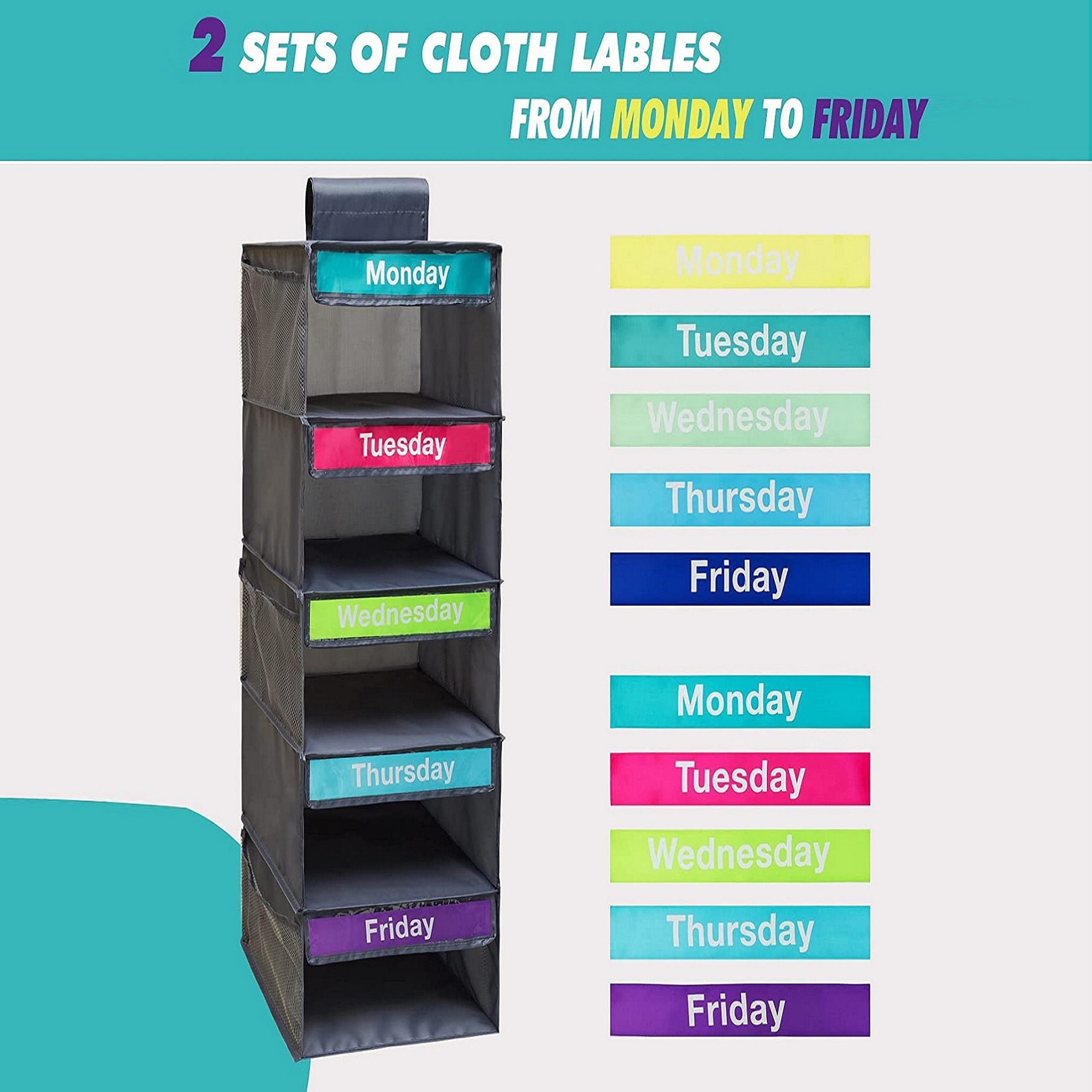 Collado semanal de ropa para niños transfronterizos, bolsa colgante de almacenamiento de cinco capas con etiqueta de cinta, acabado de armario de lunes a viernes