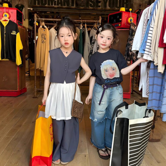 韩童装女童26新款春季儿童洋气上衣潮女童双层假两件牛仔裤