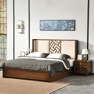 New Chinese style solid wood bed Zen Chinese style master bedroom light luxury 1.8m modern simple ash bed B&B furniture