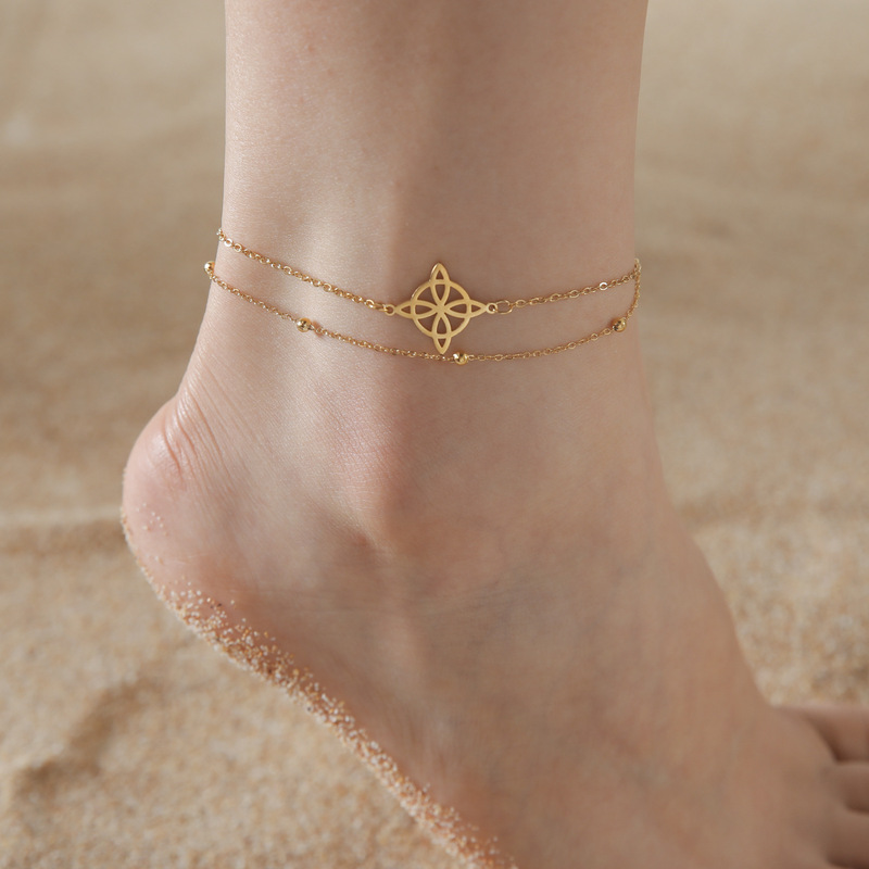 European and American cross-border witch knot anklet women's stainless steel double-layer bead chain anklet bracelet summer beach anklet accessories