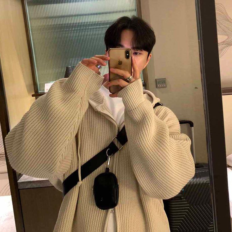 American Hooded Sweater Men's Autumn and Winter Lazy Style Youth Trend Versatile Pure Color Zipper Knitted Cardigan Jacket