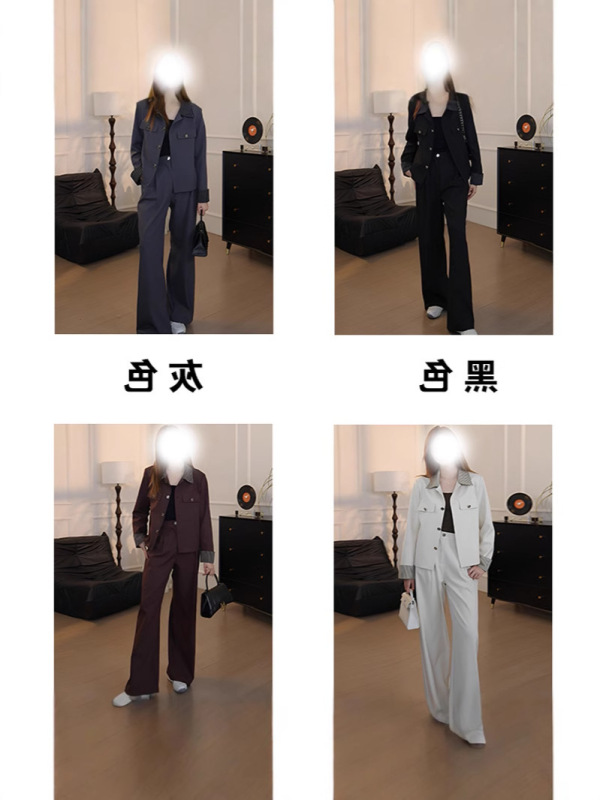 高级时尚套装2025春秋款条纹拼接洋气外套阔腿裤显瘦两件套女代发|undefined