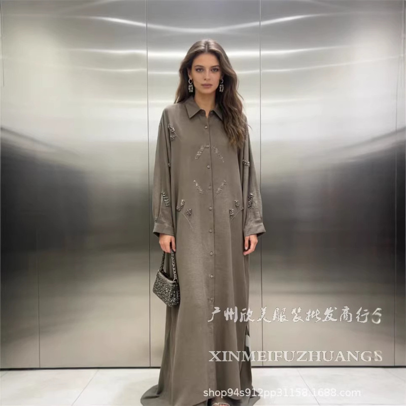 2026 European and American Style Rhinestone Cotton and Linen Solid Color Turn-Down Collar Long Sleeve Pocketed Simple Loose Casual Long Shirt Dress