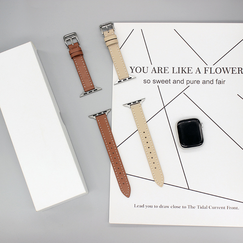 Suitable for Apple Watch iWatch Se Thin Strap S11 Female Applewatch10 Genuine Leather Cowhide Leather Ready Stock