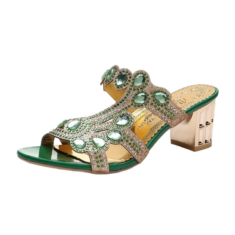 Women's Size 34 Rhinestone High Heeled Sandals,Summer New Style, Chunky Heel, Export Export One Strap Sandals_voghion.com