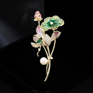 New Guofeng Plant Flower Handmade Enamel Brooch Niche High-grade Fine Zircon Natural Pearl Lotus Pin