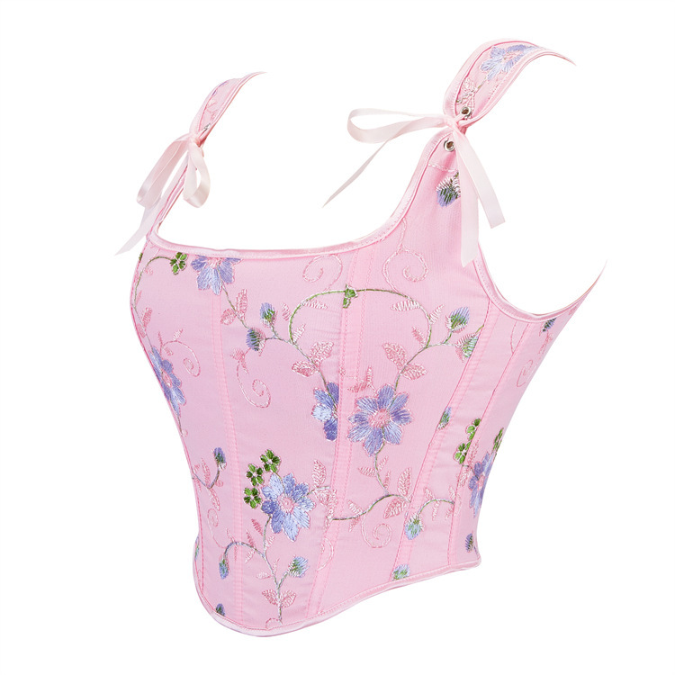 Linda flor rosa bordada con doble hombro, top de tubo, soporte de pecho, fajas moldeadoras de huesos de pescado, fuente de Amazon AliExpress