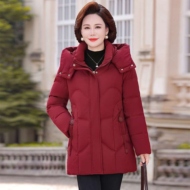 专柜中老年连帽羽绒服女中长款2025新款时尚洋气修身气质加厚外套