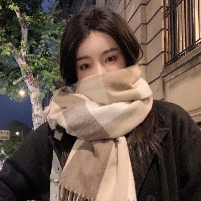 Bufanda de imitación de cachemira, bufanda cálida de invierno, diseño a cuadros simple y elegante con un toque de alta gama, chal con borlas al por mayor, borlas de alta gama.