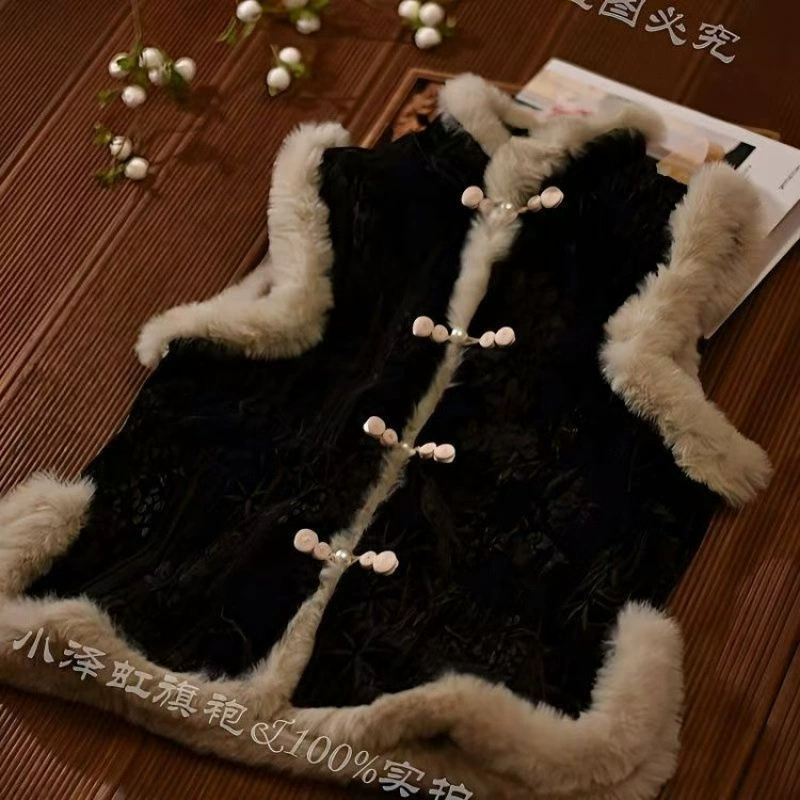 Retro cheongsam, black warm vest sleevless, jacket, Chinese style