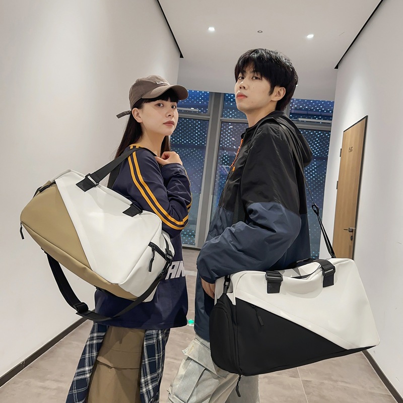 Waterproof Leather Film Color-Blocked Student Backpack Travel Bag with Separate Wet and Dry Compartments, Independent Shoe Pocket, Large Capacity, Single Shoulder Crossbody Gift