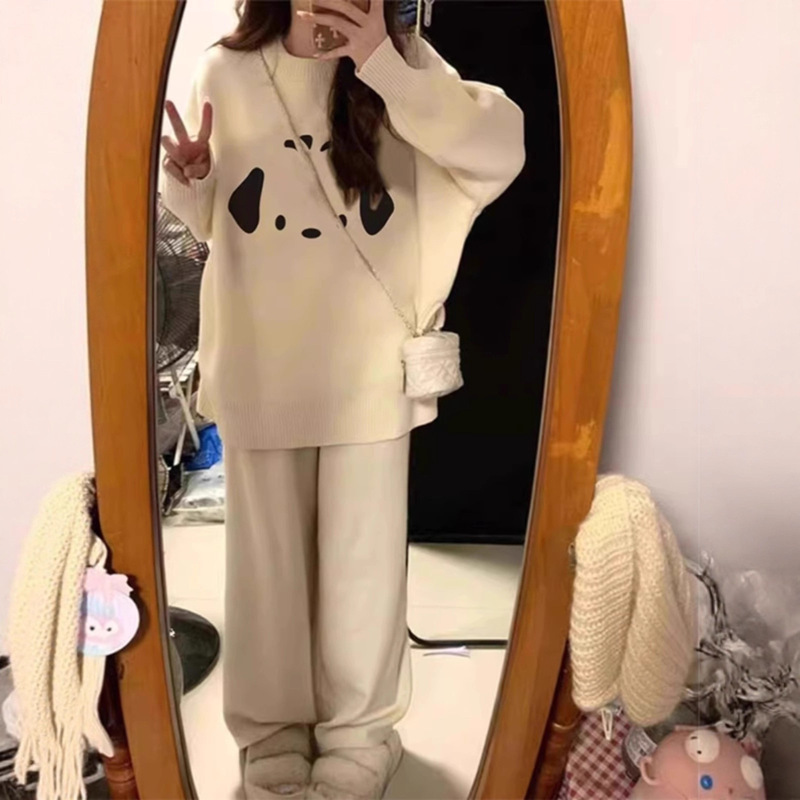 日系复古软糯慵懒风卡通潮牌杏色圆领套头毛衣女秋冬新款宽松上衣|undefined