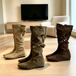 4cm内增高褶皱堆堆长靴女秋冬两穿复古中筒靴尖头西部牛仔靴