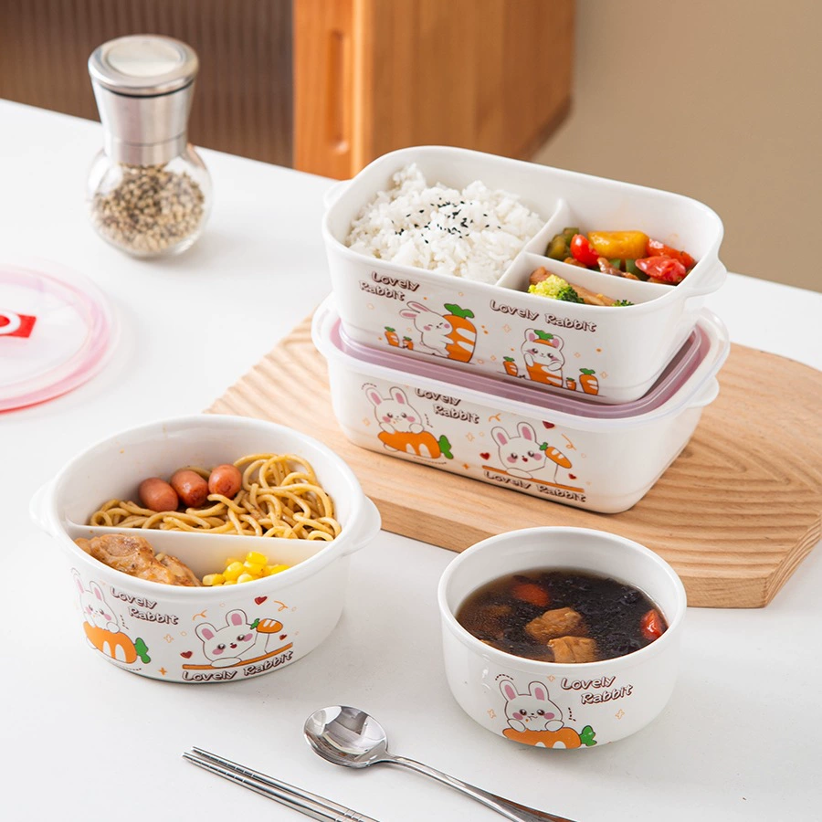 Керамический ланч-бокс с отделениями, микроволновая печь, офисный работник с крышкой, милая мультяшная студенческая миска для хранения свежих продуктов, круглый ланч-бокс