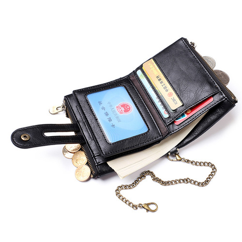 JINBAOLAI New Men's Wallet European and American Chain Retro Dual Zipper Coin Pocket Wallet Multi Card Slot Wallet