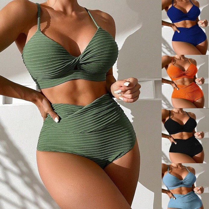 2025 New Cross-border European and American New Solid Color Split Swimsuit Women's Amazon Cross-border Sexy High Waist Bikini