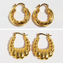 欧美小众复古金色牛角面包夸张耳环女褶皱肌理圆形空心粗耳圈836