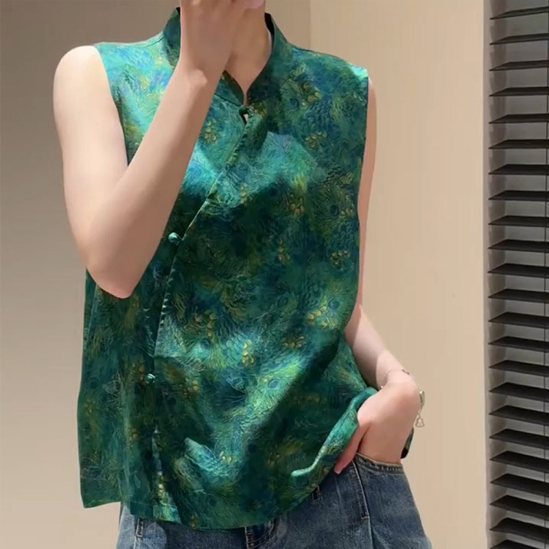 New Chinese-Style Green Stand-Collar Sleeveless Shirt for Women, 2025 Summer New Model, National Style Printed Buttoned Light Luxury Plus-Size Top