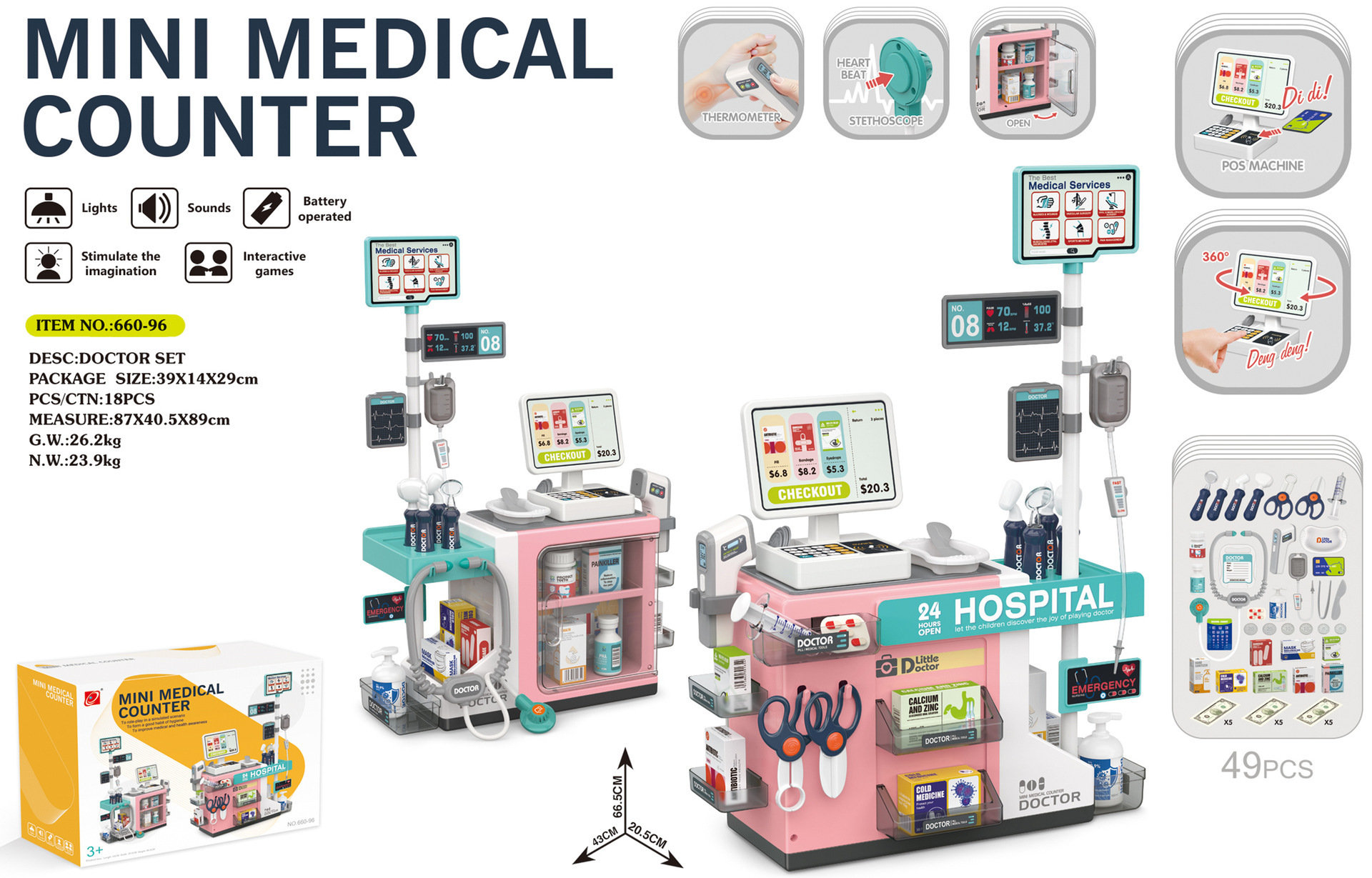 Simulación de inyección infantil transfronteriza estetoscopio termómetro conjunto médico médico mesa médica juguetes médicos caseros