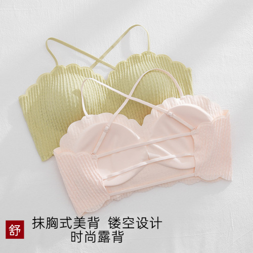 Spring and summer new style seamless French underwear women's bra without wires, thin lace base with hollow beautiful back and chest wrap