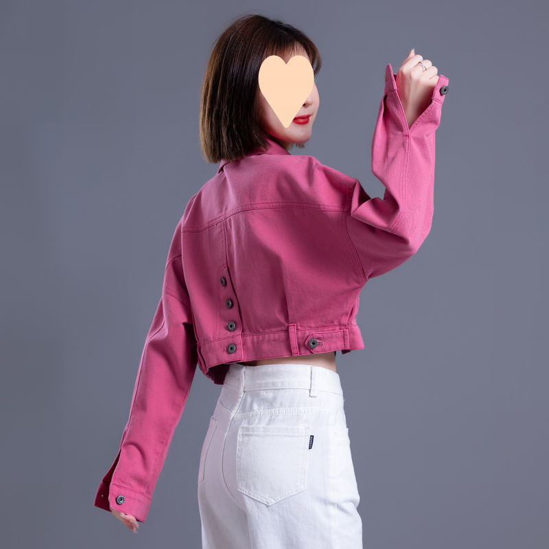 玫紅色牛仔外套女春季2025新款寬鬆顯瘦牛仔衣小個子短款上衣高腰