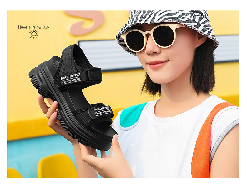 Giày sandal thể thao da thật đế dày nữ gót 4cm quai chữ V khóa dán — JST 1609 cao gót xanh đen 4cm, Đen trắng 2001 LJ, JST 1611 cao gót xanh đen 4cm, 2206 ML màu đen chi tiết 3
