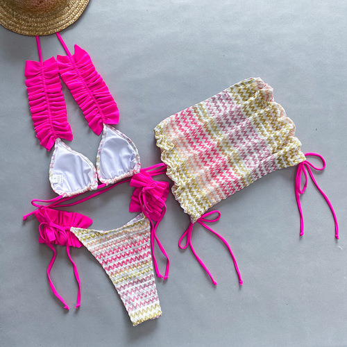 Three-piece set 2024 new bikini European and American bikini cross-border foreign trade pleated edge split women's swimsuit swimsuit