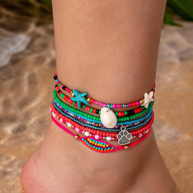 European and American Cross-Border Ocean Holiday Style Multi-Layered Rice Beads Starfish Shell Beaded Anklet Fashionable Temperament Versatile Trendy Set
