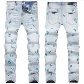 新款现货牛仔裤 蓝色刺绣水洗长裤青年男休闲时尚修身小脚牛仔裤