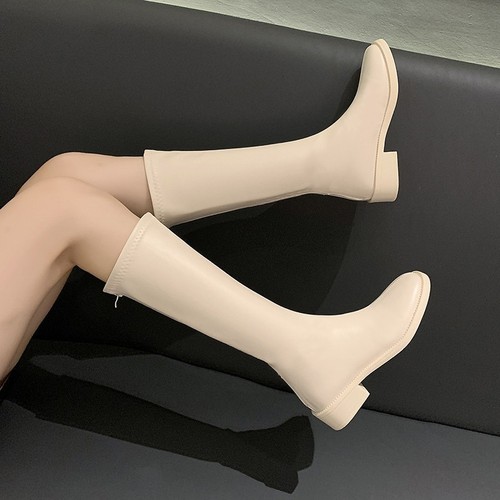 New Korean Style Round-Toe Low-Heel Zipper High-Calf Boots for Women, Martens Boots, Exports, Slim-Fitting Boots, Single Boots, Plus Size