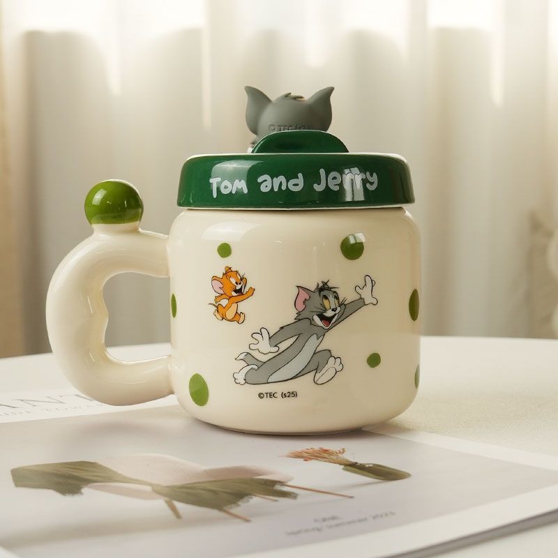 Taza de cerámica de gato y ratón con tapa, creativa, linda e interesante, personalidad especial, café con leche, taza de té con leche