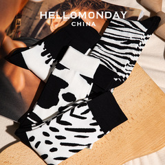 34340 HELLO MONDAY Black and White Socks for Women, Cute Cow Design, Japanese Style, Mid-Calf Length, Trendy for Male Students on Instagram