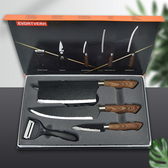 Factory-wholesale hammered-pattern 5-piece set with chef's knife, featuring stainless steel kitchen cutlery, forged-blade combination, and packaged in a colorful gift box.