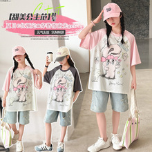 新款夏季甜美公主风女童粉色恤破洞牛仔裤套装时尚百搭潮款