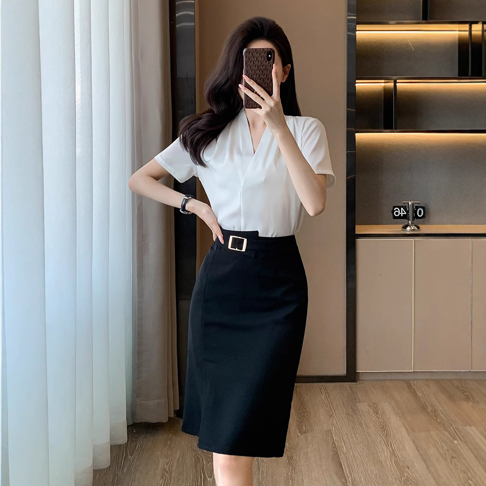 2025 새로운 전문 반팔 V 넥 셔츠 여성 여름 사업 통근 OL 작업 옷 시폰 우아한 셔츠