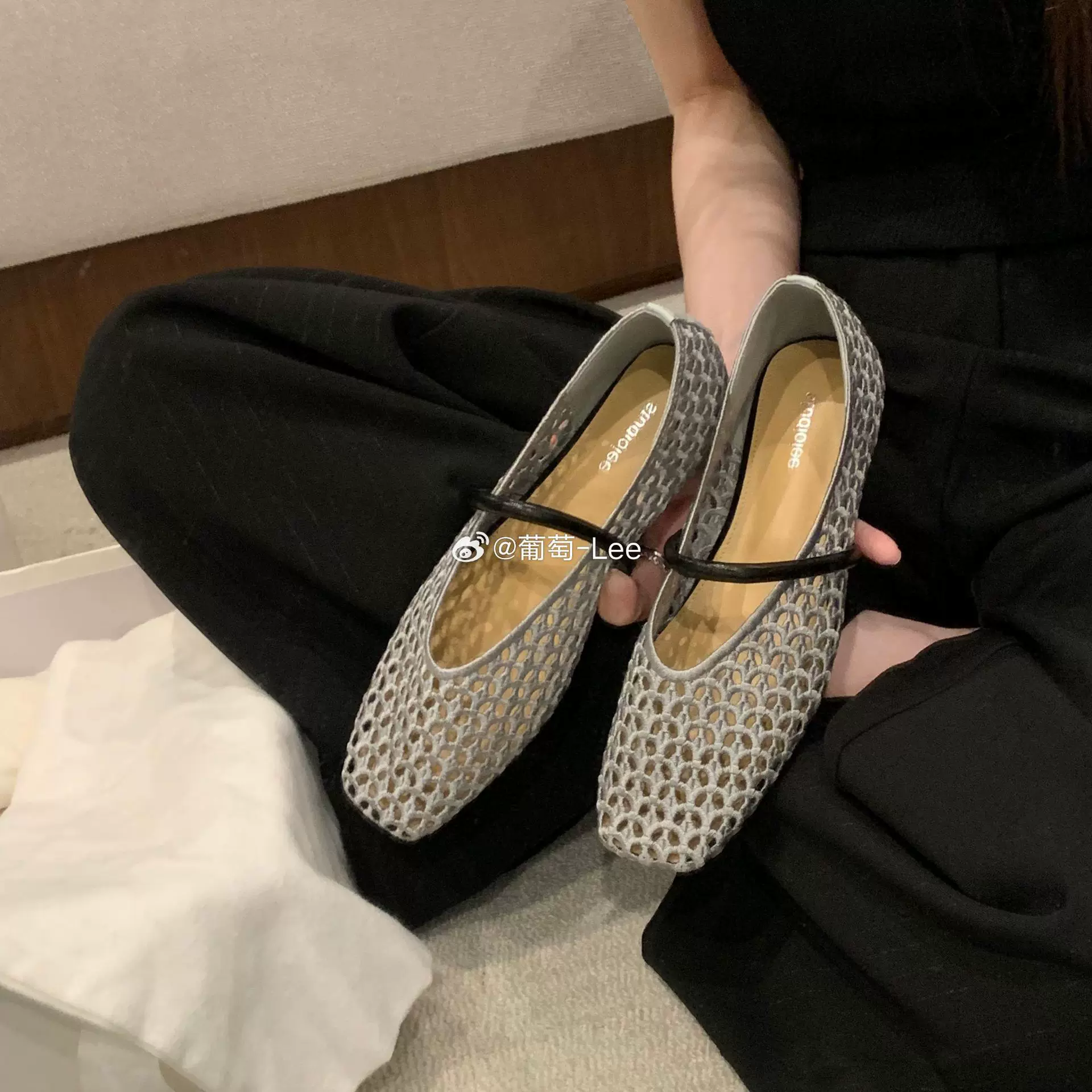 葡萄妈同款法式单鞋女方头镂空编织一字带百搭软面透气浅口休闲鞋