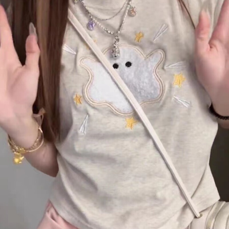 Japanese New Ins Lazy Trendy White Grey Cartoon Small Shoulder Short-sleeved T-shirt Women's American-style Design Top
