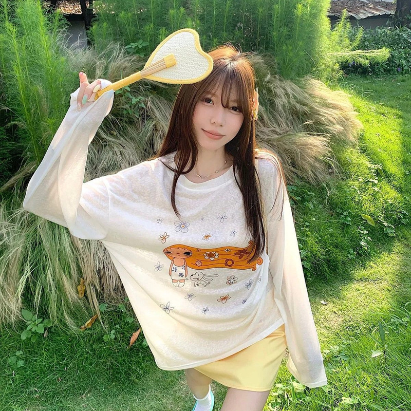 Cute Cartoon Print Long-Sleeved Thin Blouse T-Shirt for Women Summer Loose Casual Versatile Slimming Sun Protection Top Ins