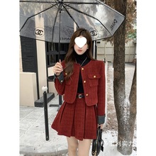 红色小香风套装裙两件套秋冬新款时尚气质名媛外套+百褶裙两件套