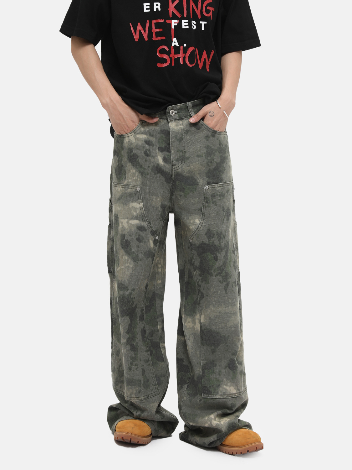 MTLCLOTHES Ropa de hombre | Camuflaje desgastado, costura descolorida, herramientas deconstruidas, jeans rectos de pierna ancha, moda casual