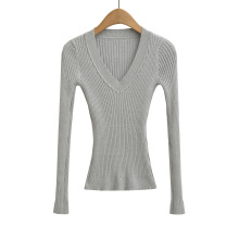 弹力性感V字领长袖针织衫女螺纹坑条修身打底衫秋季新款紧身上衣