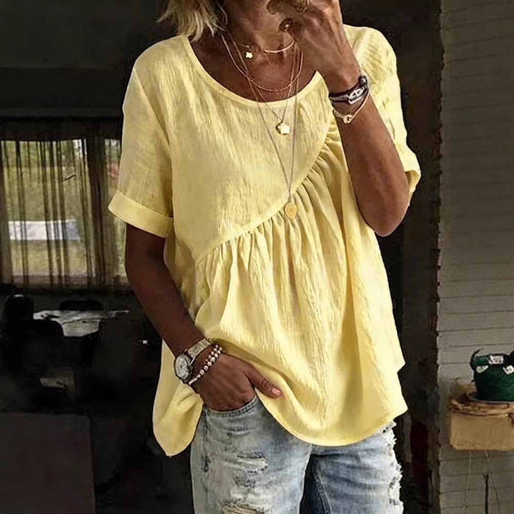 Women's Solid Color Ruffle Detail Short Sleeve T-Shirt round Neck Blouse Casual Outfit with Shirring_ecoleips.com