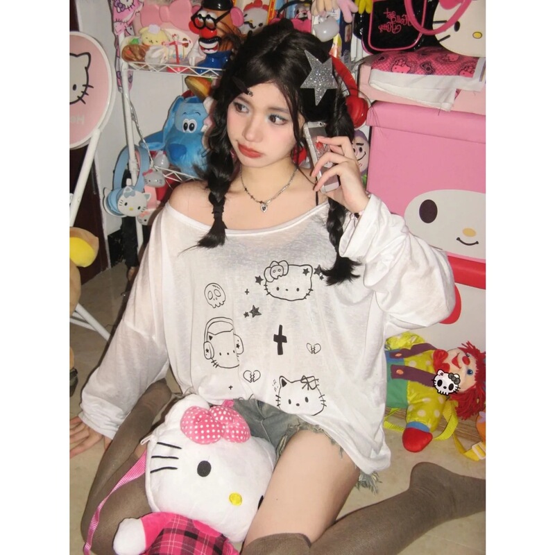 2084fs Japanese Style Sweet Cartoon Kt Cat Blouse Long Sleeve Loose Cute All-match Thin Hot Girl Sun Protection Top 2084fs Japanese Style Sweet Cartoon Kt Cat Blouse Long Sleeve Loose Cute All-match Thin Hot Girl Sun Protection Top