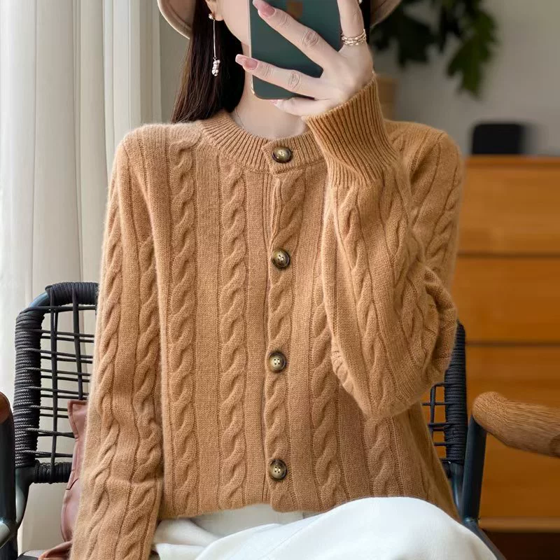 Шерстяной кардиган, свитер, куртка с круглым воротом, oversize