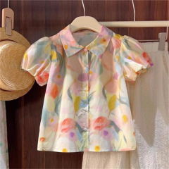 多巴胺法式复古印花衬衫女2025夏季新款女装宽松短袖衬衣上衣女