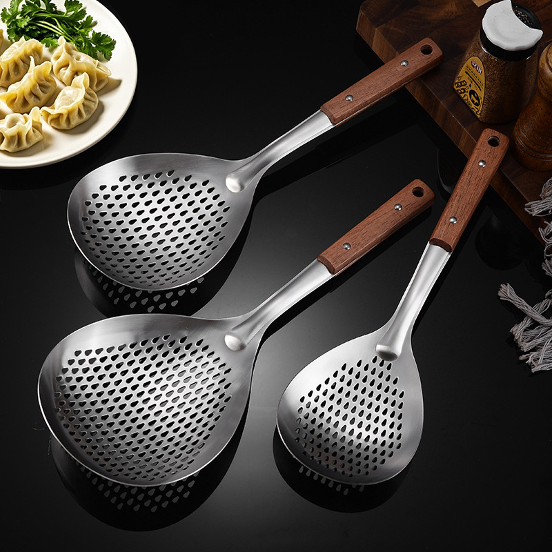 Mango de madera maciza engrosado, colador de pimienta de acero inoxidable, bola de masa, bola de masa, escurrir, freír, filtrar, filtrar, filtrar, cocina, hogar